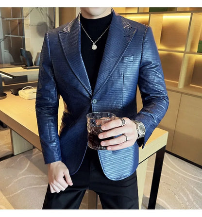 Korean Waffle Leather Suit Jacket Men's Business Casual PU Leather Blazer Slim Fit Wedding Groom Office Social Formal Coats 2026