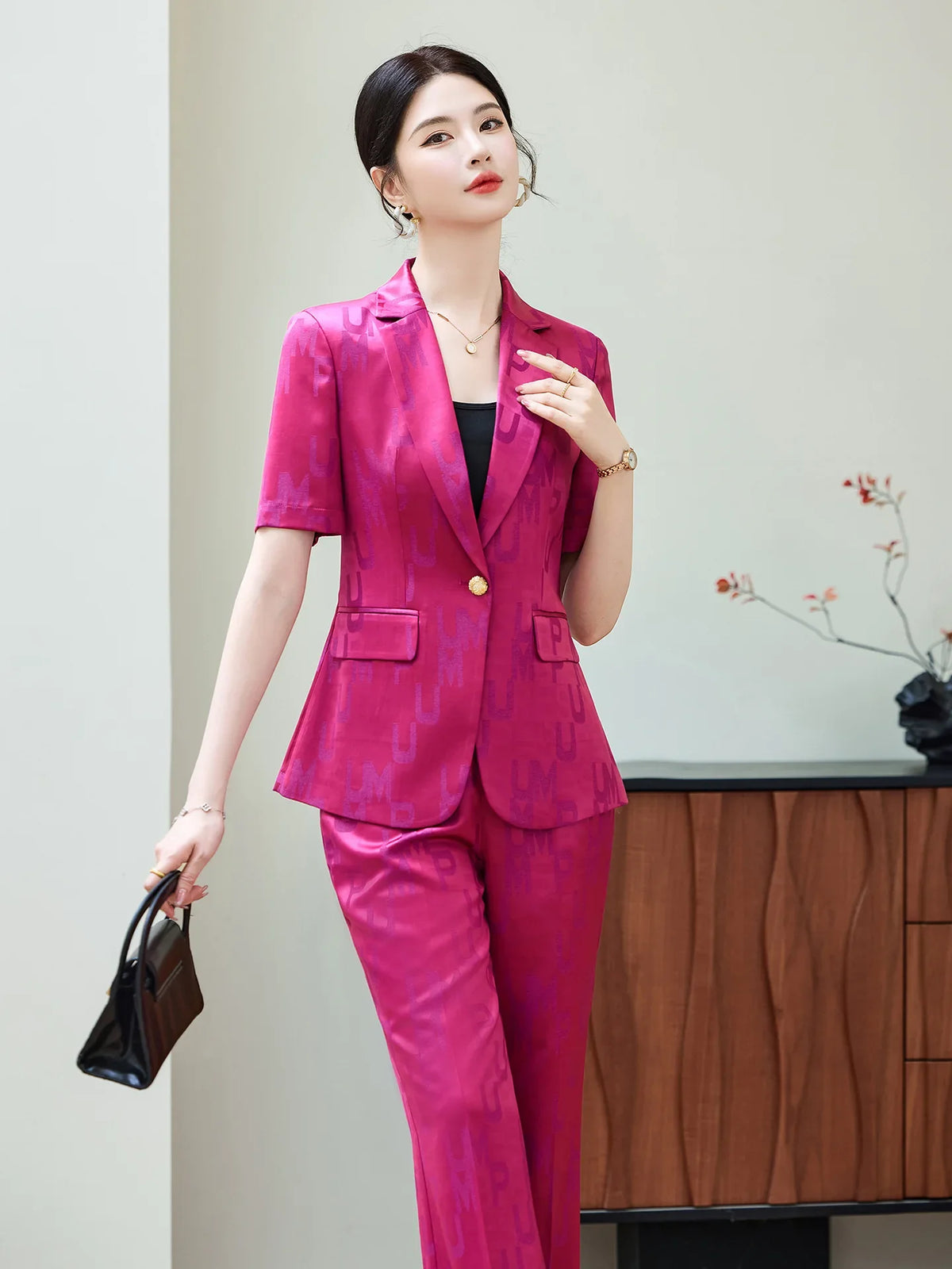 Fashion Letter Print Short Sleeve Professional Suit Women New 2026 Summer Elegant Slim Blazer And Pants Office Ladies Work Wear