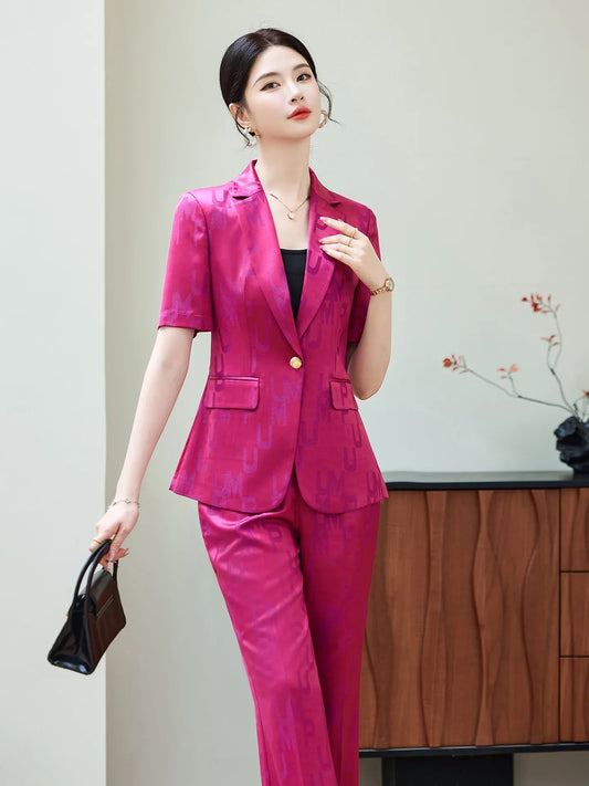 Fashion Letter Print Short Sleeve Professional Suit Women New 2026 Summer Elegant Slim Blazer And Pants Office Ladies Work Wear