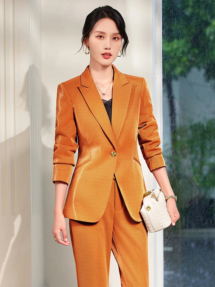 Office Ladies Formal Pant Suit 2 Piece Set Women Green Khaki Red Female Long Sleeve Business Work Wear Blazer Jacket And Trouser