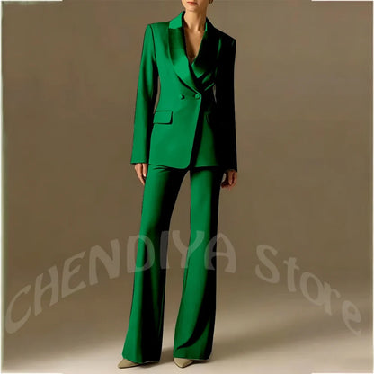 Classic Shawl Lapel Suit For Women Elegant Double Breasted Outfit Solid Color Two Piece Straight Modern Style Office Wear