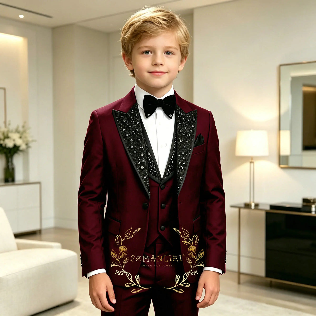 Classic Suits for Boys Black Crystals 3-Piece Fashion Stylish Boy's Tuxedo Formal For Party Outfit For Kids Blazer Vest Pant