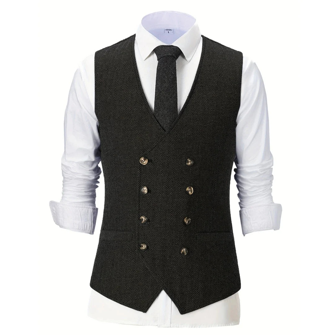 Men Vest Champagne Herringbone Double Breasted V-Neck Waistcoat for Wedding & Business