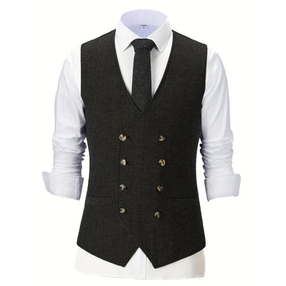 Men Vest Champagne Herringbone Double Breasted V-Neck Waistcoat for Wedding & Business