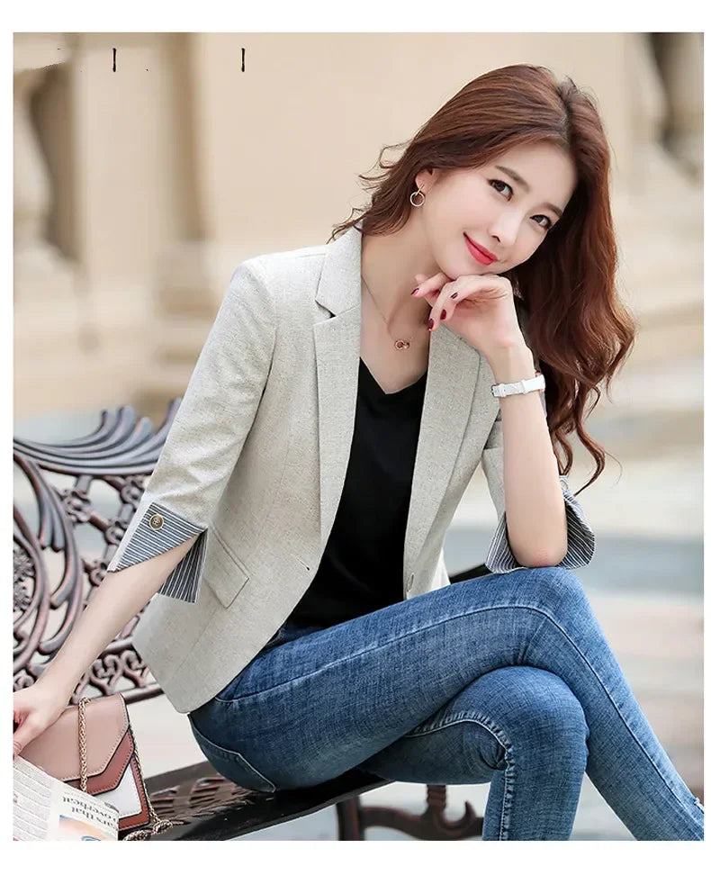 New Autumn Office Lady Solid Color Three Quarter Sleeve Blazer Women Casual One Button Formal Slim Fit Dress Suit Jacket Women