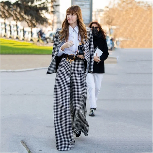 Women Black White Plaid Two Piece Suit Lapel Blazer Wide Leg Pants Loose Casual Elegant Office Business Formal Matching Outfit