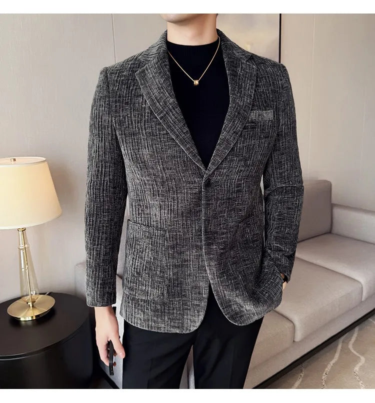 2025 Winter Chenier Thick Suit Jacket for Men Korean Slim Fit Casual Business Men Blazers Wedding Groom Office Social Dress Coat