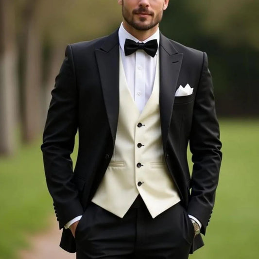 Men Suit Black 3 Piece Single Breasted With Lapel For Wedding Groom Birthday Banquet Party Business Work Jacket Pants Ivory Vest