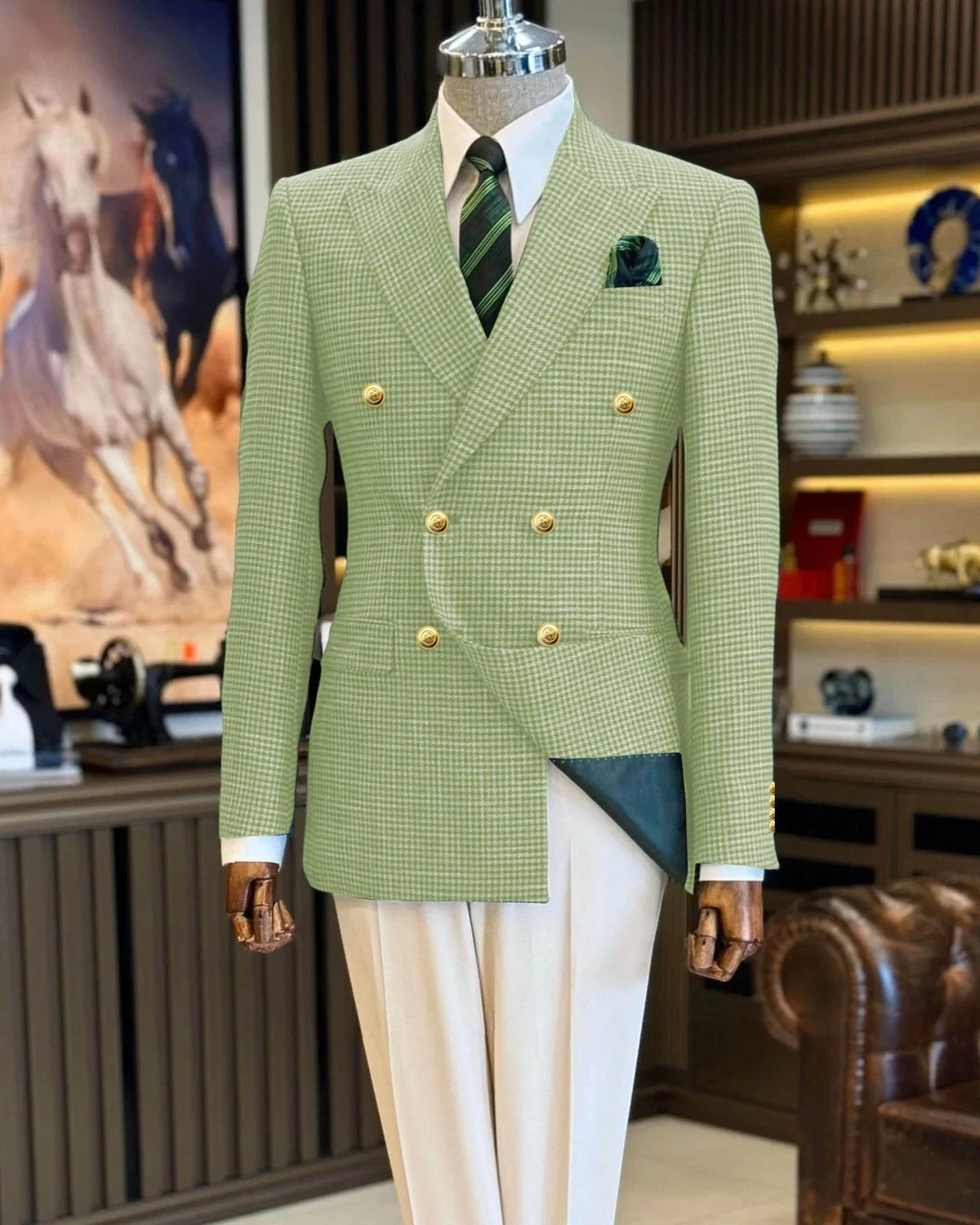 Black Men's Suit Jacket Houndstooth Peak Lapel Double Breasted Business Regular Fit Blazer Man plus size custom suit Coat