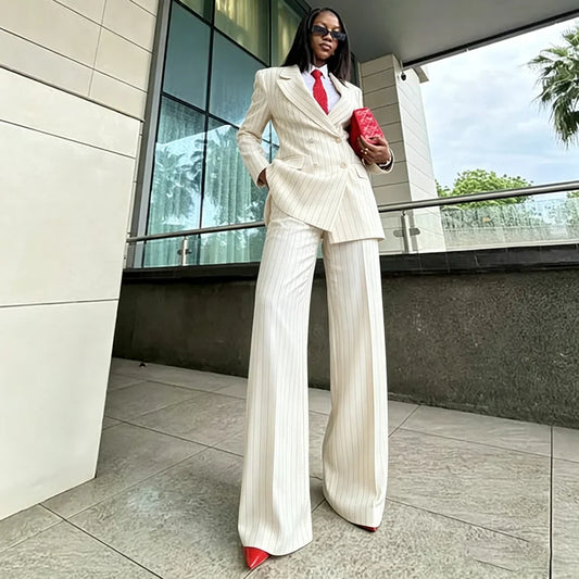 Elegant Women Pinstripe Double Breasted Suit 2‑Piece Ivory Blazer Wide Leg Pants Set Formal Business Evening Party Outfit