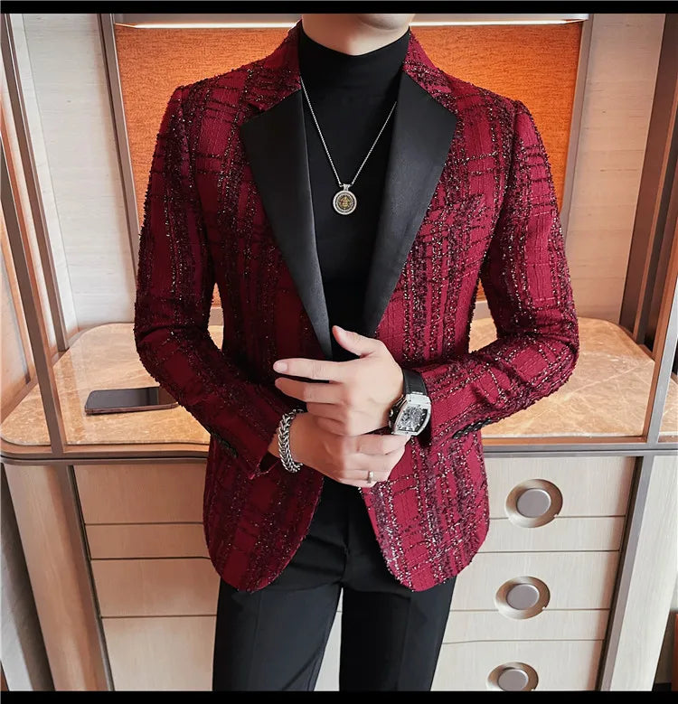 British Style Woven Suit Jacket Men Fashion Plaid Casual Business Blazer Gentleman Versatile Banquet Party Groom Wedding Coats