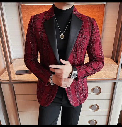 British Style Woven Suit Jacket Men Fashion Plaid Casual Business Blazer Gentleman Versatile Banquet Party Groom Wedding Coats