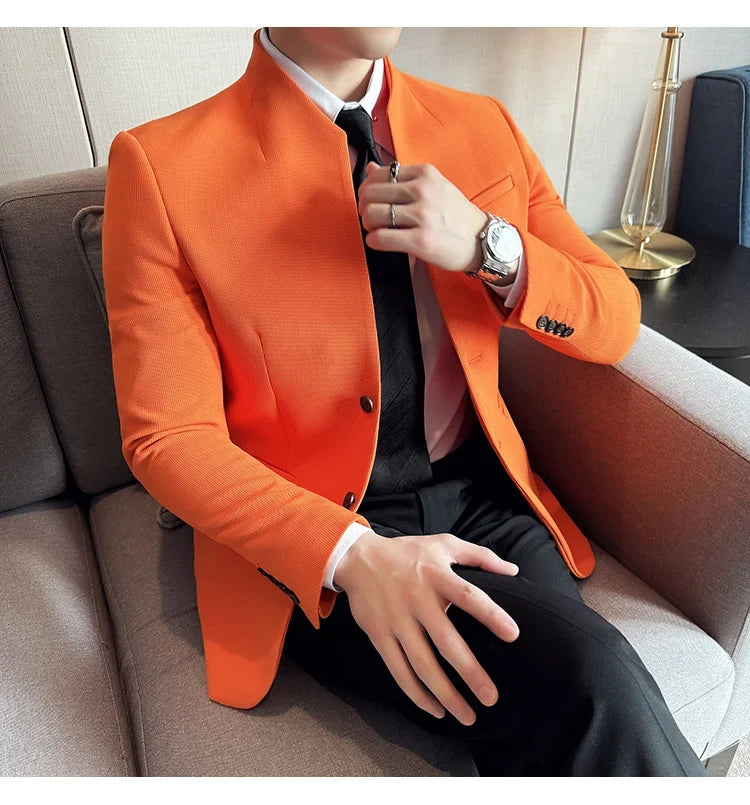 Waffle New Chinese Stand-Up Collar Suit Coats Men Slim Fit Business Casual Fashion Suits Jacket Formal Social Prom Party Tuxedos
