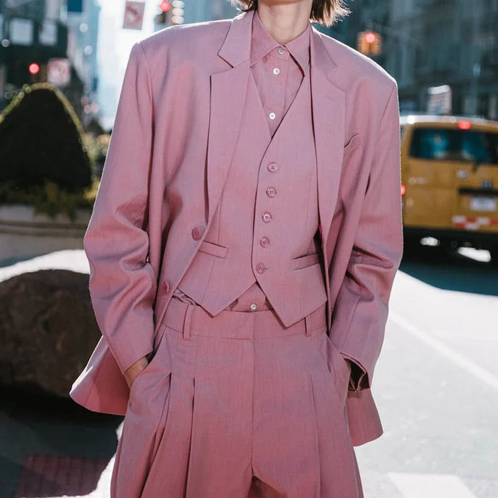 Casual Women Suit Unisex Solid Color Youthful Suit Teen Style 3Pieces(Jacket+Vest+Pants) Single-breasted Peaked Lapel Set