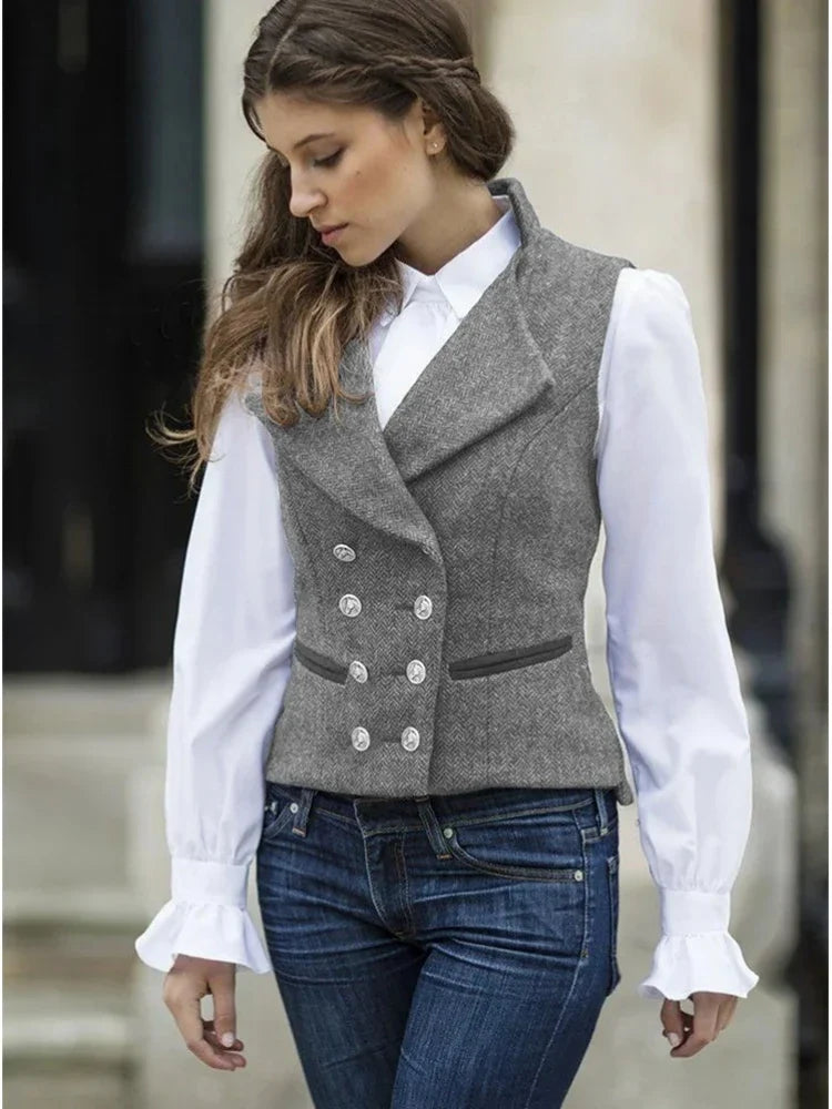 Women's Vest Double Breasted Herringbone Slim Fit Sleeveless Jacket for Casual & Work