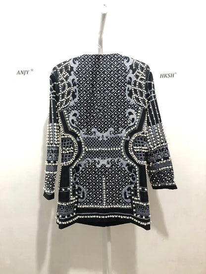 Autumn New Women's Elegant Fashion Luxury Heavy Craft Beaded Printed Coat Stylish V-neck Long Sleeve High-end Blazer HK8297