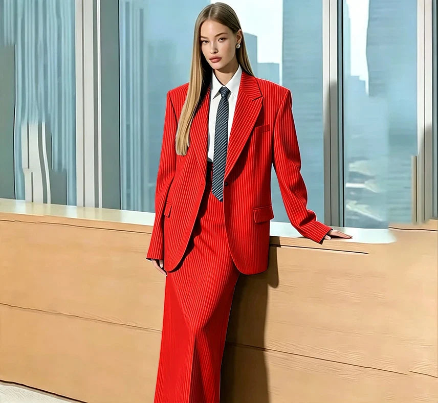 Stylish Gray Pinstripe Woman Clothing Single Breasted 2 Pieces Jacket Maxi Skirt Suit Set Formal Business Office Lady Wear