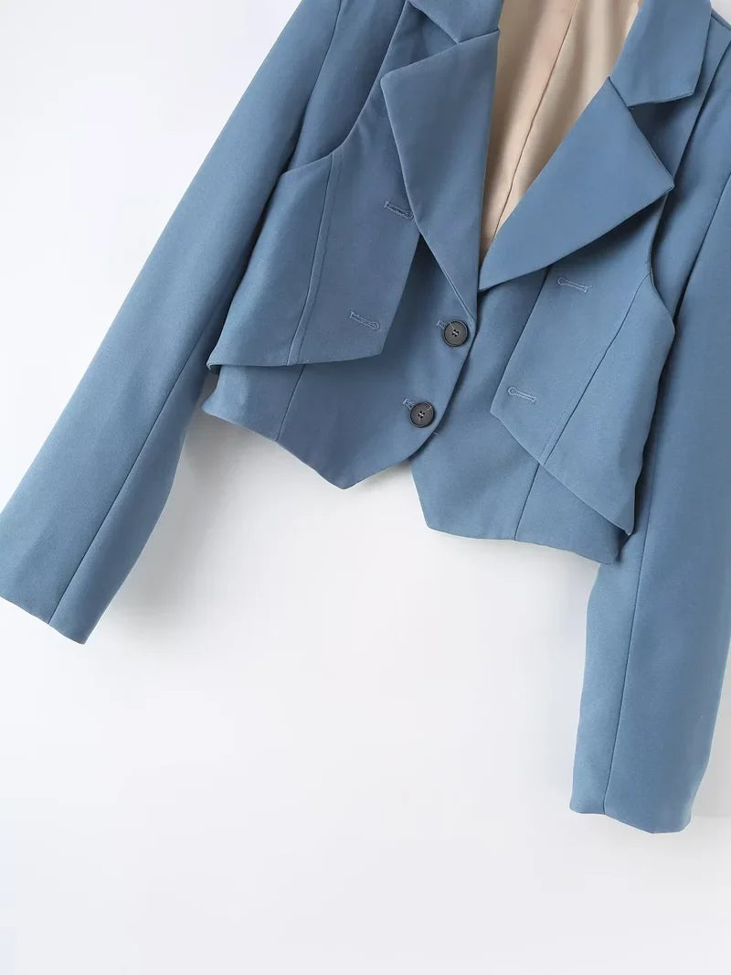 Women's Blue Blazer Jacket Vintage Office Ladies Long Sleeve Single Breasted Cropped Outerwear Suit Coat Y2k 2000s Spring Autumn