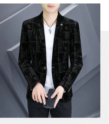 Autumn Luxury Corduroy Suit Jacket for Men Letter Printed Casual Business Men Blazers Slim Fit Social Banquet Party Dress Coats