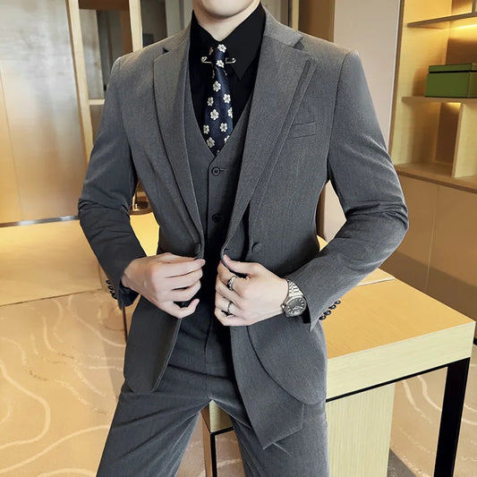 2025 Double Breasted Design Suit Men Korean Slim 3 Piece Set Suit Vest Trousers Wedding Groom Office Party Business Casual Suits