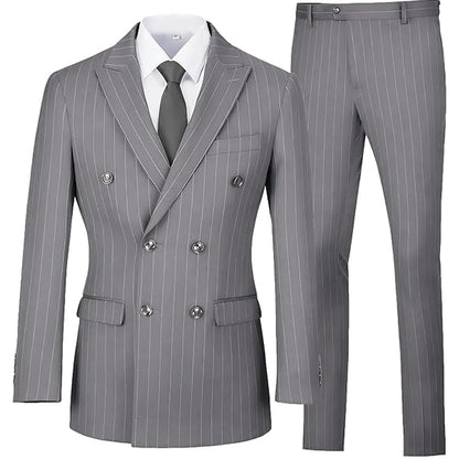 Men's Slim Fit Double Breasted Striped Suit – 2 Piece Blazer and Pants for Weddings and Formal Occasions