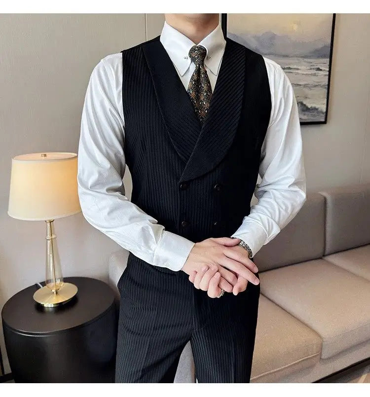 Korean Slim Fitt Wedding Suit Fashion Striped Double Breasted Suit 3 Piece Set Business Formal Casual Party Prom Host Suits