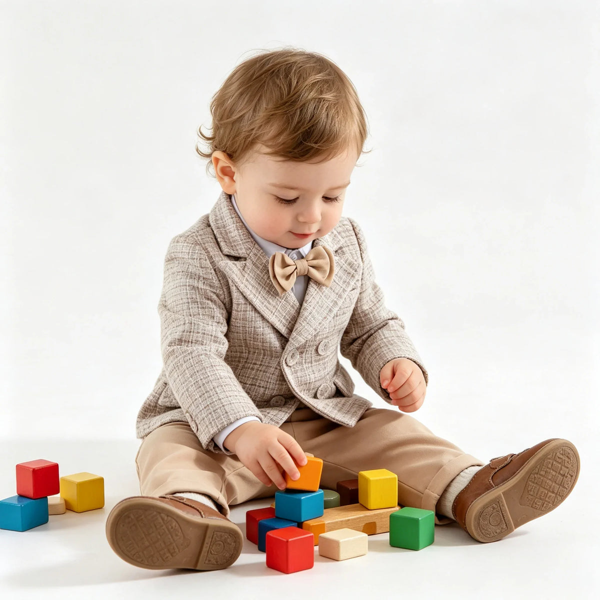 Baby Boys Gentleman Tweed Suit Set Kids Flower Boy Wedding Formal Wear Double Breasted Blazer Khaki Pants Bow Tie Birthday Party