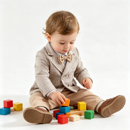Baby Boys Gentleman Tweed Suit Set Kids Flower Boy Wedding Formal Wear Double Breasted Blazer Khaki Pants Bow Tie Birthday Party