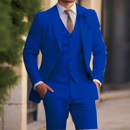 3PCS Formal Solid Men's Suit Set - Wedding Business Party Prom Classic Occasion Jacket Vest Pants Ensemble