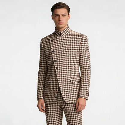 Elegant Men's Houndstooth Suit 2 Piece Mandarin Collar Slim Fit Fashion Jacket Pants Vintage Male Set For Formal Business Weddin