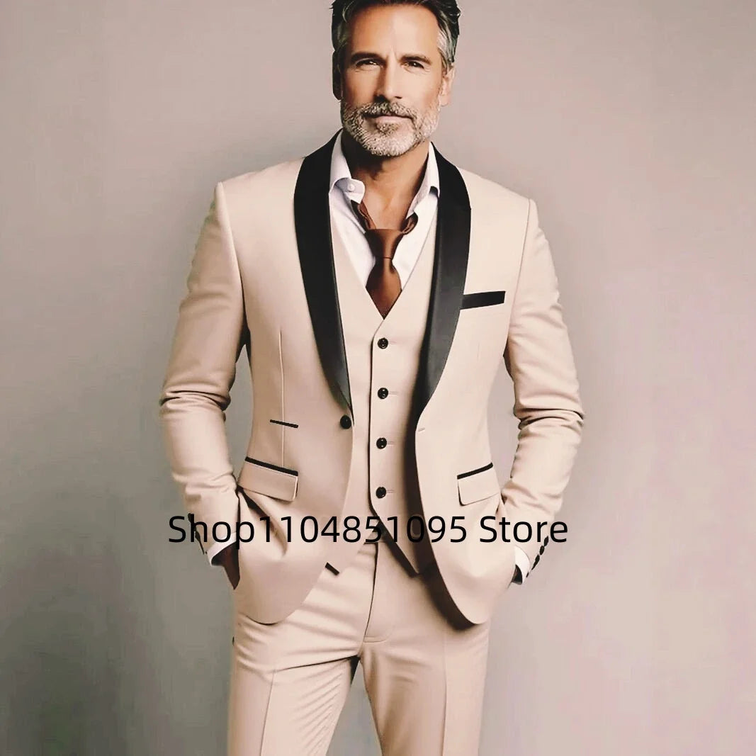 Classic Style 3 Piece Slim Fit Green Men Suit Groom Tuxedos Shawl Lapel Single Breasted Blazer Vest Pants Set Party Men Clothing