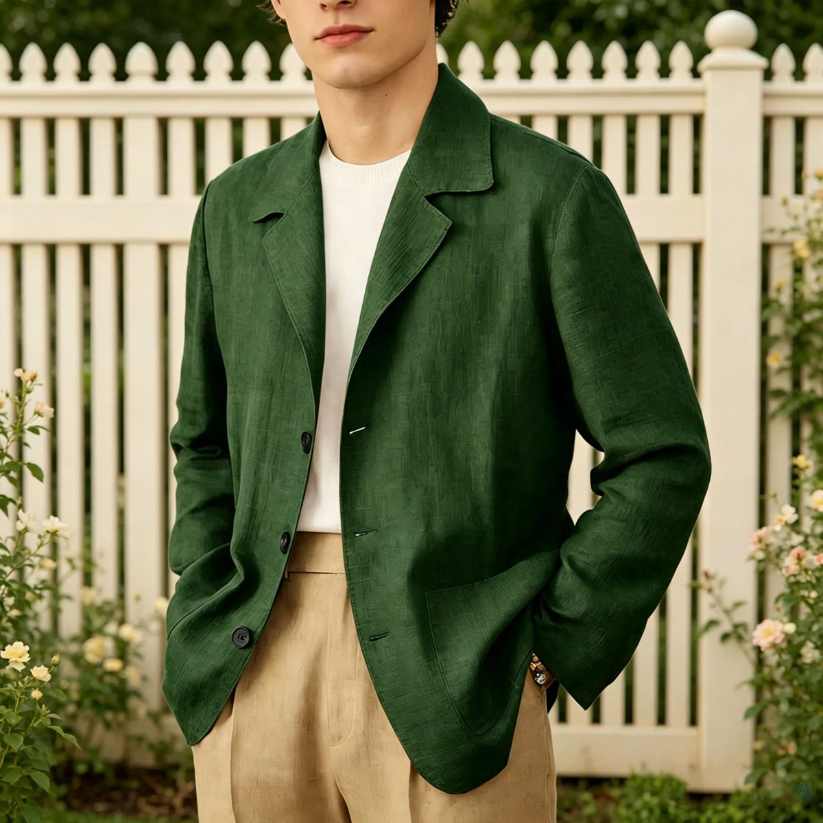 Blazer Men Linen Cotton Single Breasted Classic Fit Lightweight Summer Sport Coat for Beach and Casual Wear