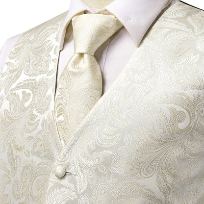 Men's Suit Vest Set with Tie Hanky and Cufflinks – Beige Paisley Waistcoat for Weddings and Formal Occasions