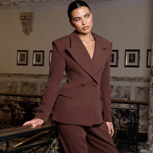 High-end Women's 2 Piece Suit Peaked Lapel Double Breasted Jacket+Pants Set Formal Evening Party Outfit Elegant Office Wear