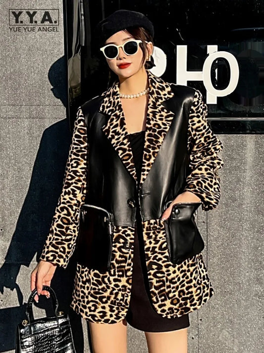 Fashion Women Sheepskin Spliced Mid-Long Blazers Coat Long Sleeve Notched Collar Single Breasted Zipper Pocket Casual Jacket Top