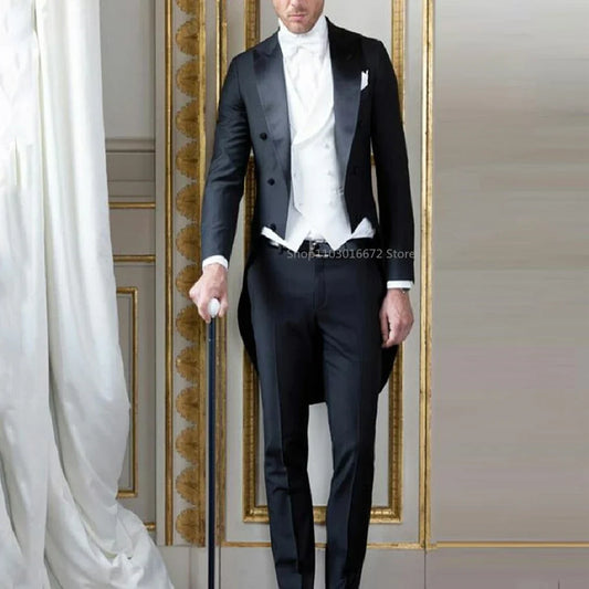 Formal Black Wedding Men Tailcoat 3 Piece Groom Tuxedo for Prom Party Male Suit Fashion Wedding Suits  Jacket with Pants Vest