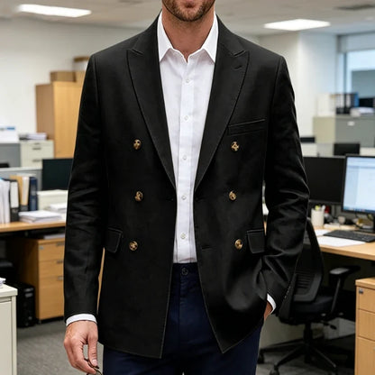 Men's Linen Blazer Notch Lapel Double Breasted Loose Fit Jacket Breathable Lightweight Business Outerwear Coat for Spring Summer
