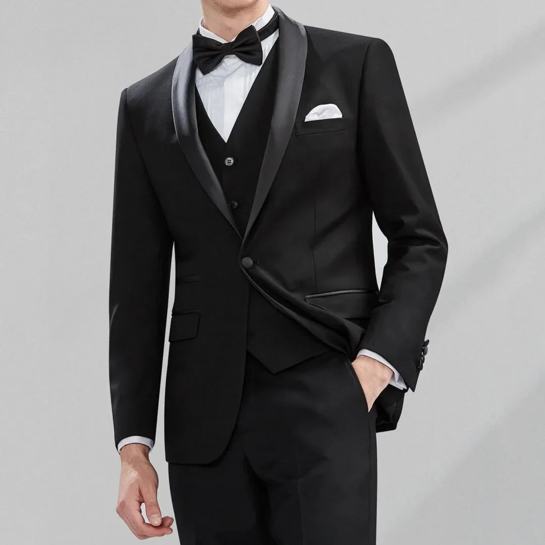Men Suit 3 Piece Gray With Black Lapel Single Button For Wedding Groom Business Party Prom Banquet Work Office Jacket Vest Pants