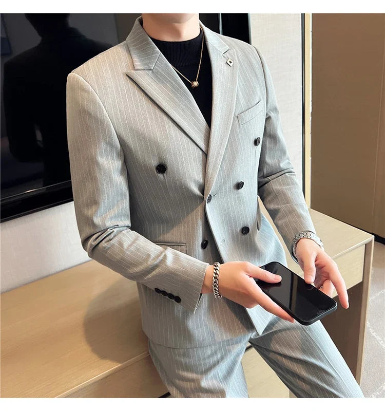 (Jacket + Vest + Pants)Three Piece Set Men Blazers Set stripe Suits Busines Casual Slim Fit Formal Dress Groom Tuxedo Wedding
