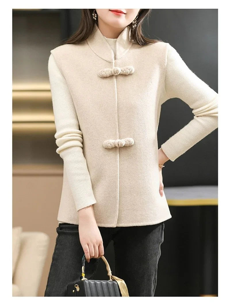 Woolen Vest Women's Standing Neck Button Chinese Style Loose Versatile Thin Wool Vest Outerwear Coat Sleeveless Jacket For Women