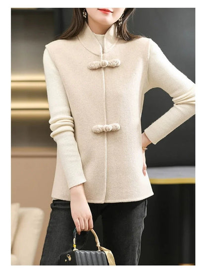 Woolen Vest Women's Standing Neck Button Chinese Style Loose Versatile Thin Wool Vest Outerwear Coat Sleeveless Jacket For Women