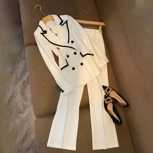 Elegant Peak Lapel Women Pants Suits 2 Piece Chic Double Breasted Office Lady Outfits Fashion Casual Daily Female Pants Sets