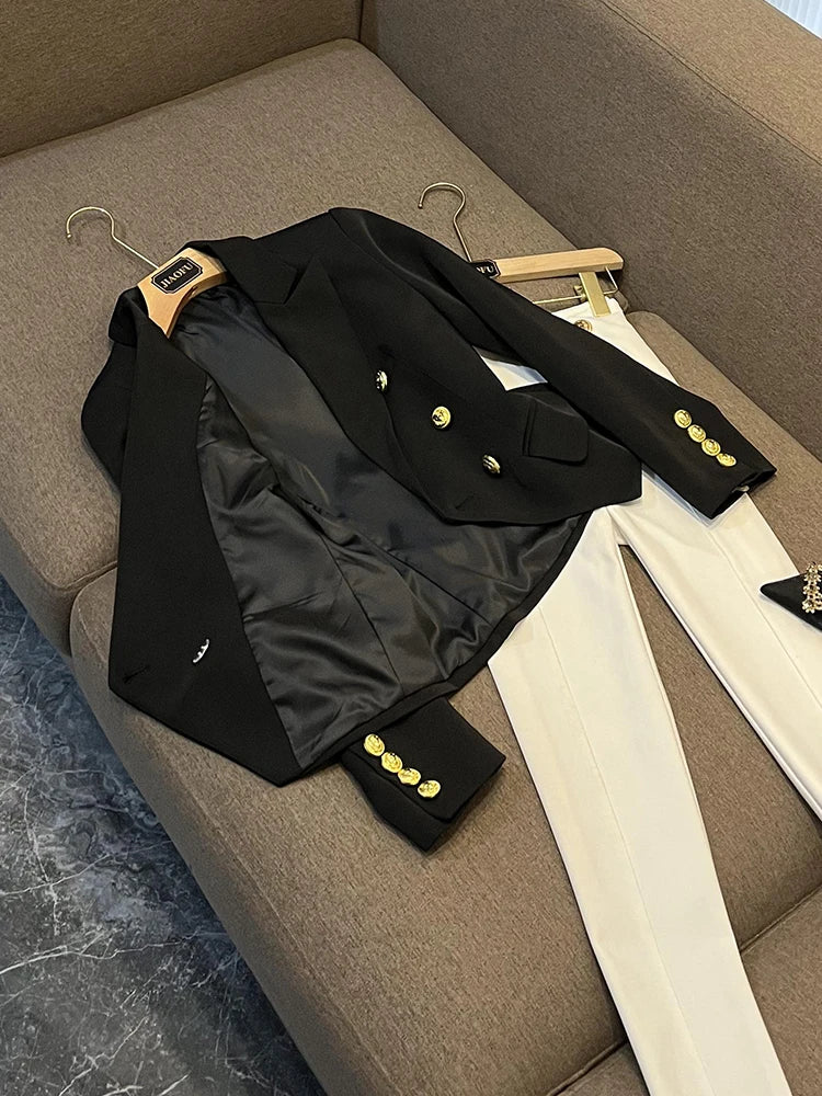 Business Commute Style Women's Long Sleeve Double-Breasted Suit Slim Fit Waist-Cinching Outerwear Fashion D9986