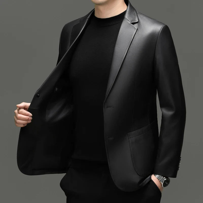 Men's Sheepskin Leather Blazer Single Breasted Slim Fit Smart Casual Jacket
