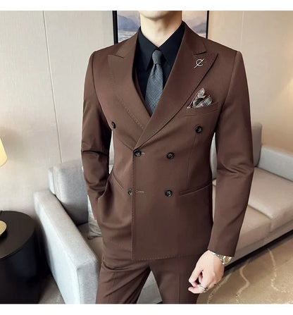 (Jackets +Pants ) Men's Suits 2 Piece High-Quality Double Breasted Lapel Solid Business Groom Wedding Tuxedo Banquet Clothing