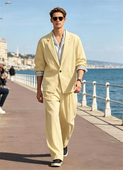 Men's Linen Blazer Suit Set Lightweight Breathable Casual Jacket Business Vacation Party Wedding Spring Summer Autumn Daily Wear