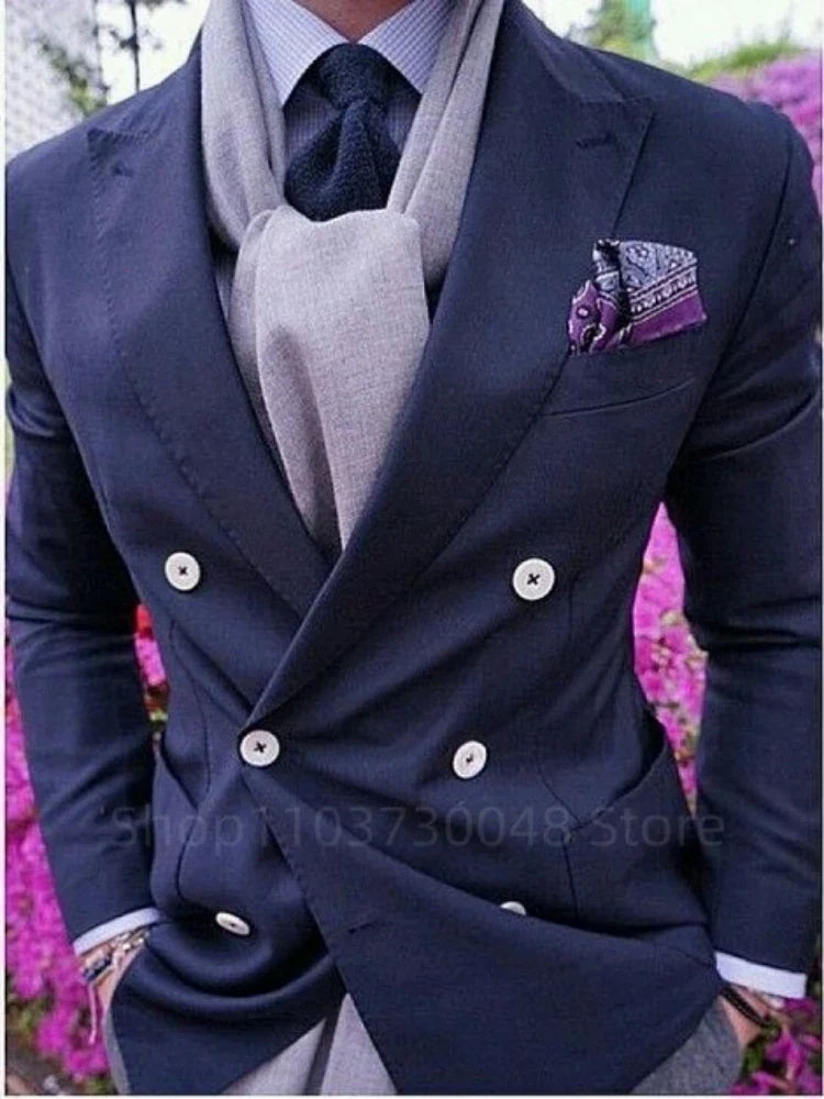 Navy Blue Blazer for Men Peak Lapel Double Breasted Dinner Prom Jacket Elegant Smoking Slim Fit Suit Coat for Wedding/Business