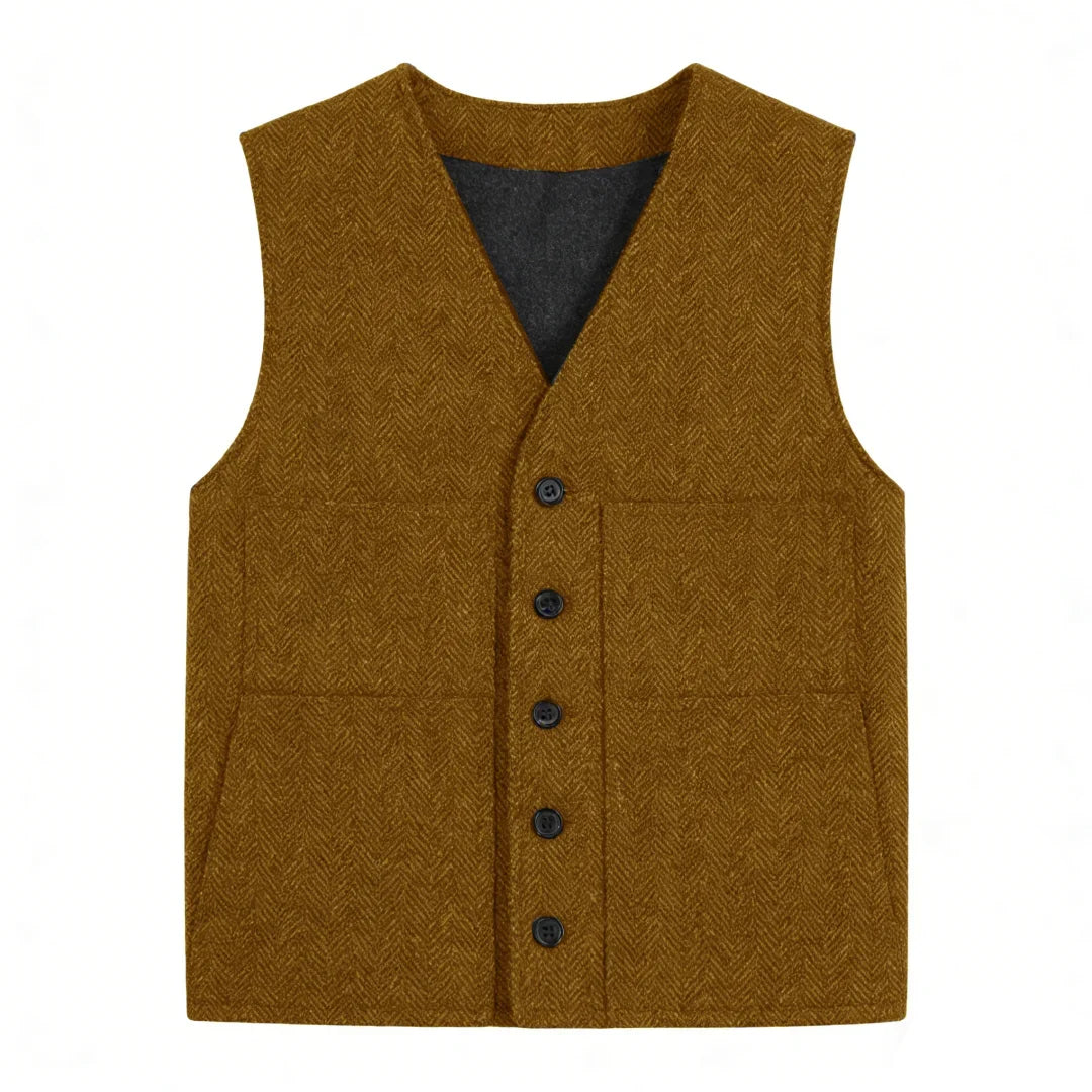 Men's Vest Gray Herringbone Single Button V-Neck Waistcoat for Wedding & Business