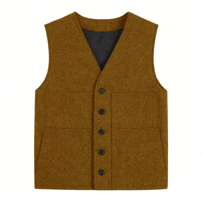 Men's Vest Gray Herringbone Single Button V-Neck Waistcoat for Wedding & Business