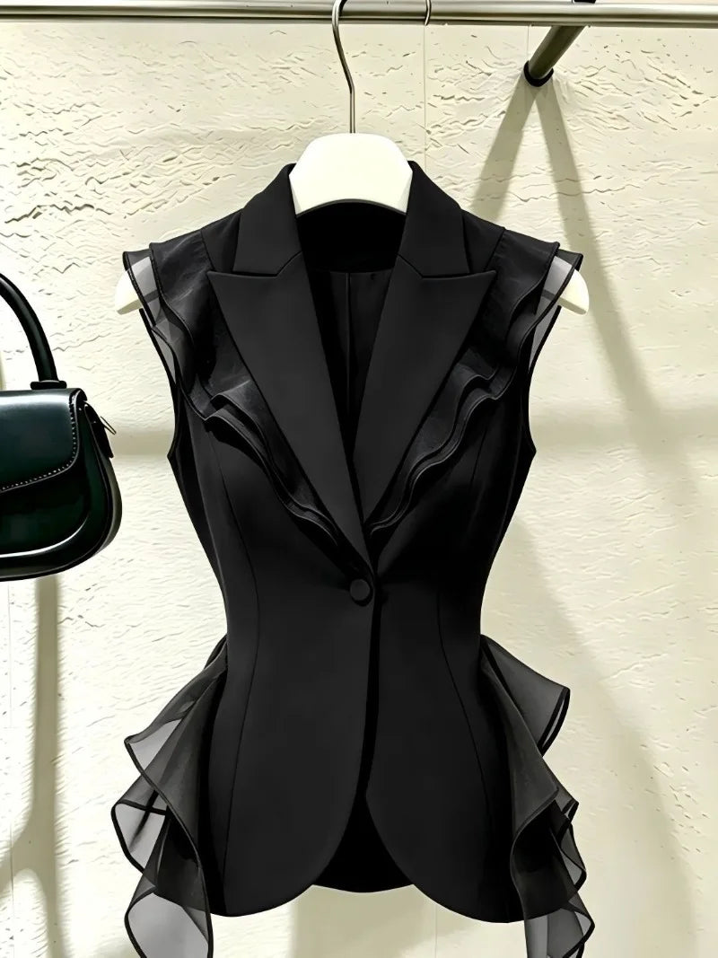 2026 New Black Suit Vest Female Summer Korean Fashion Spliced Flounces Sleeveless Blazers Jacket Waistcoat Women Outerwear Tops